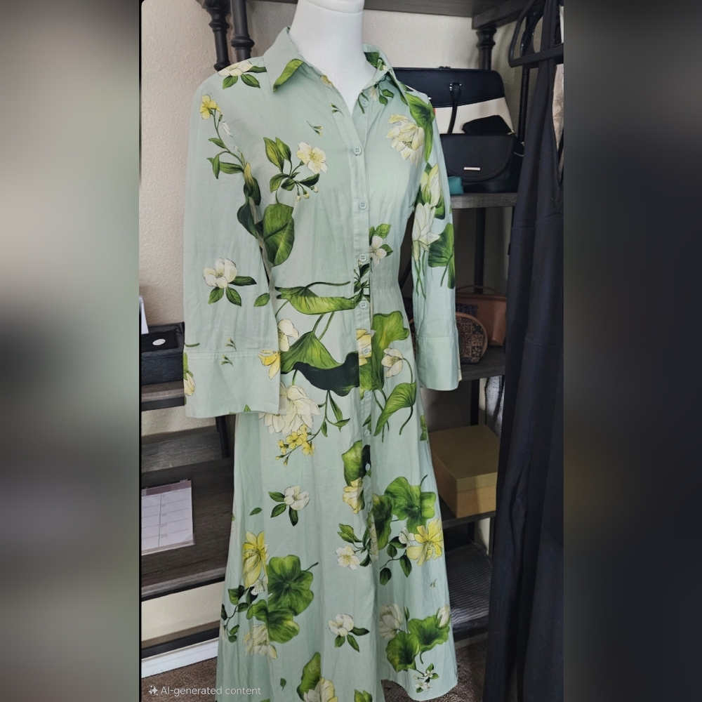 Zara Mint Green Floral Full Botton Down Midi Shirt Dress - Picture 2 of 5